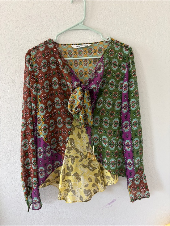Zara Tops - Zara Studio Zodiac Patchwork Chiffon Boho Multi-Color Printed Tie-Neck Blouse